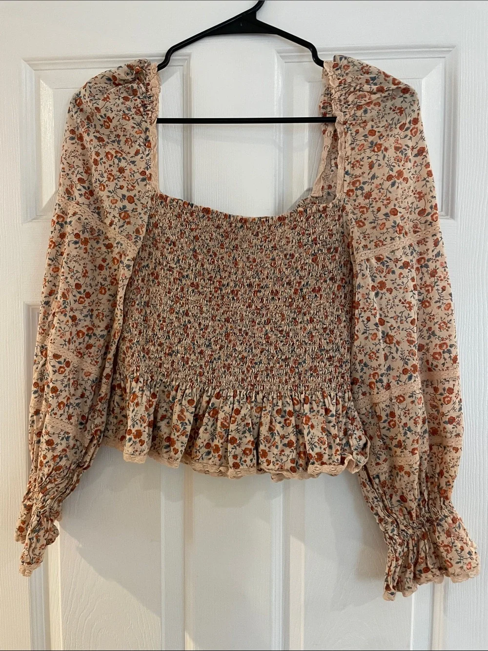 Reformation Floral Smocked Peasant Blouse in Soft Pink
